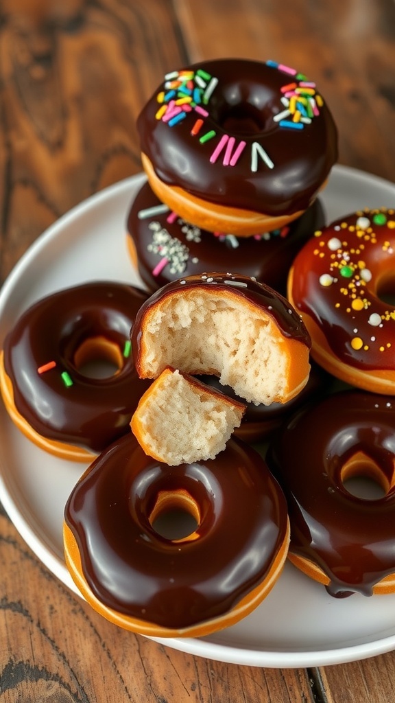 A plate of colorful mochi donuts with chocolate glaze and sprinkles on a rustic wooden table.